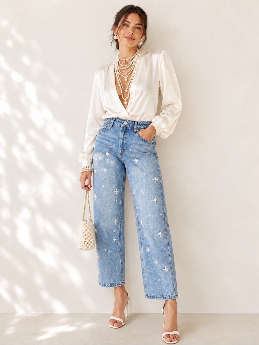 EUC Banjara SZ 7/27 blue 5-pocket cropped jeans w/faux pearl accents/Waist 29”